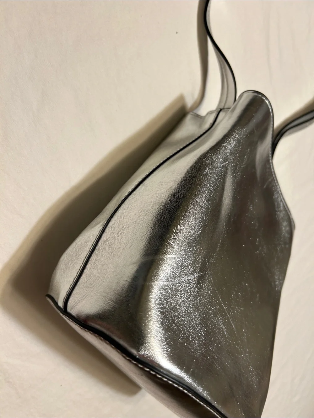 French Connection Silver Metallic Leather Crossbody Bucket Bag